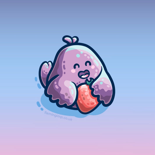 a cute drawing of a purple birb holding a strawberry