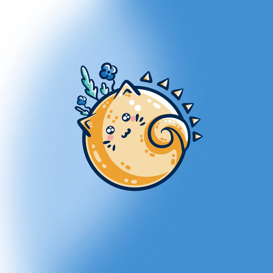 A yellow circular sun drawn as a kawaii cute cat with some sun rays and flowers and leaves around portions of the circumference, on a blue background