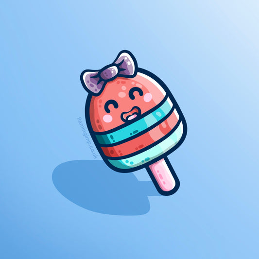 Kawaii cute drawing of a striped ice lolly wearing a bow