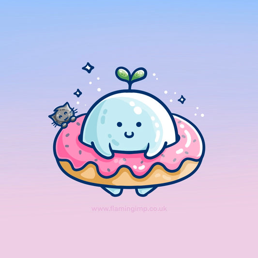 Drawing of a cute kawaii seedling inside the center of a doughnut
