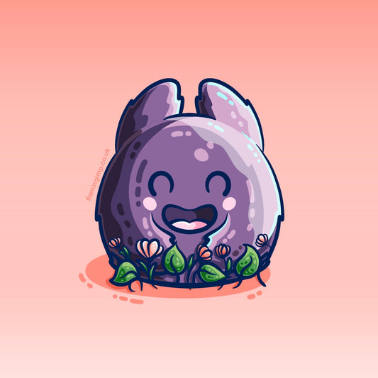 Drawing of a kawaii cute, happy, furry purple monster with leaves and flowers