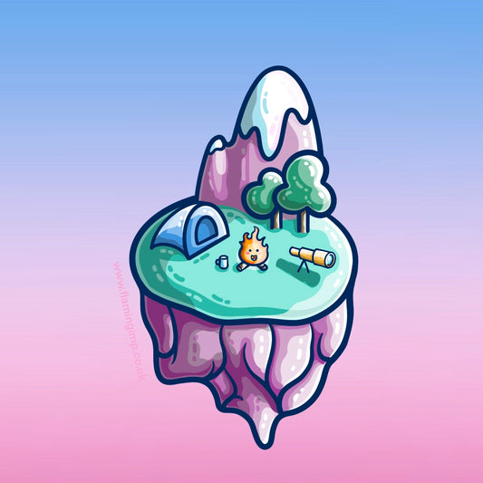 Drawing of a cute floating island with mountains, trees and campsite