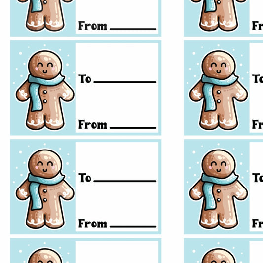 Picture of a grid of printable gift tags of a kawaii cute gingerbread man wearing a blue scarf with snow falling next to two lines for to and from