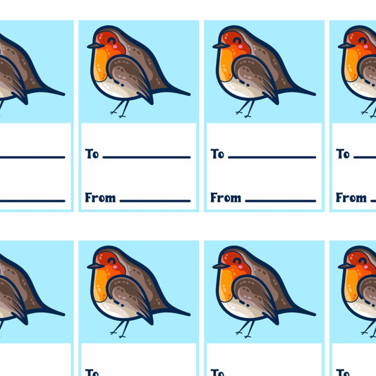 Picture of a grid of printable gift tags of a kawaii cute robin bird above two lines for to and from