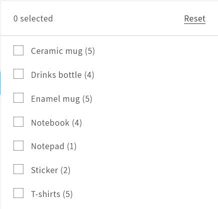 Screenshot of search results with a drop down list of product types to choose from to filter your search results