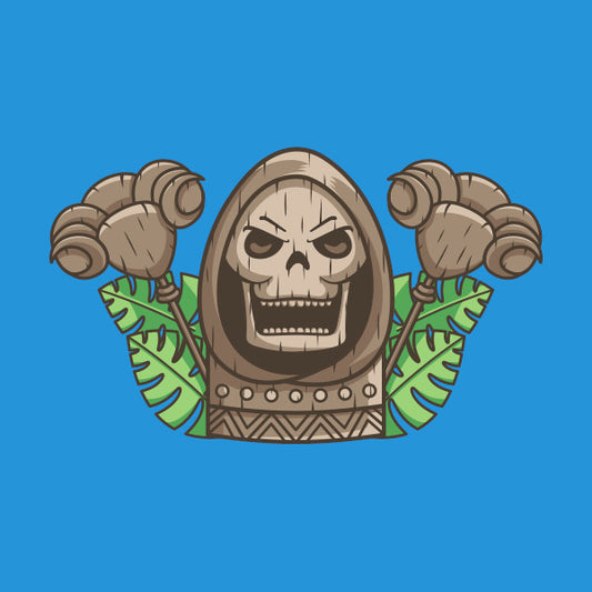 Skeletor and staff Hawaiian tiki with leaves