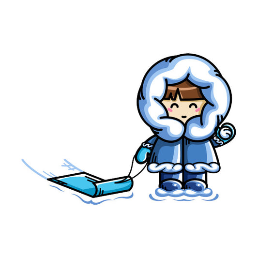 Child holding a snowball and sledge