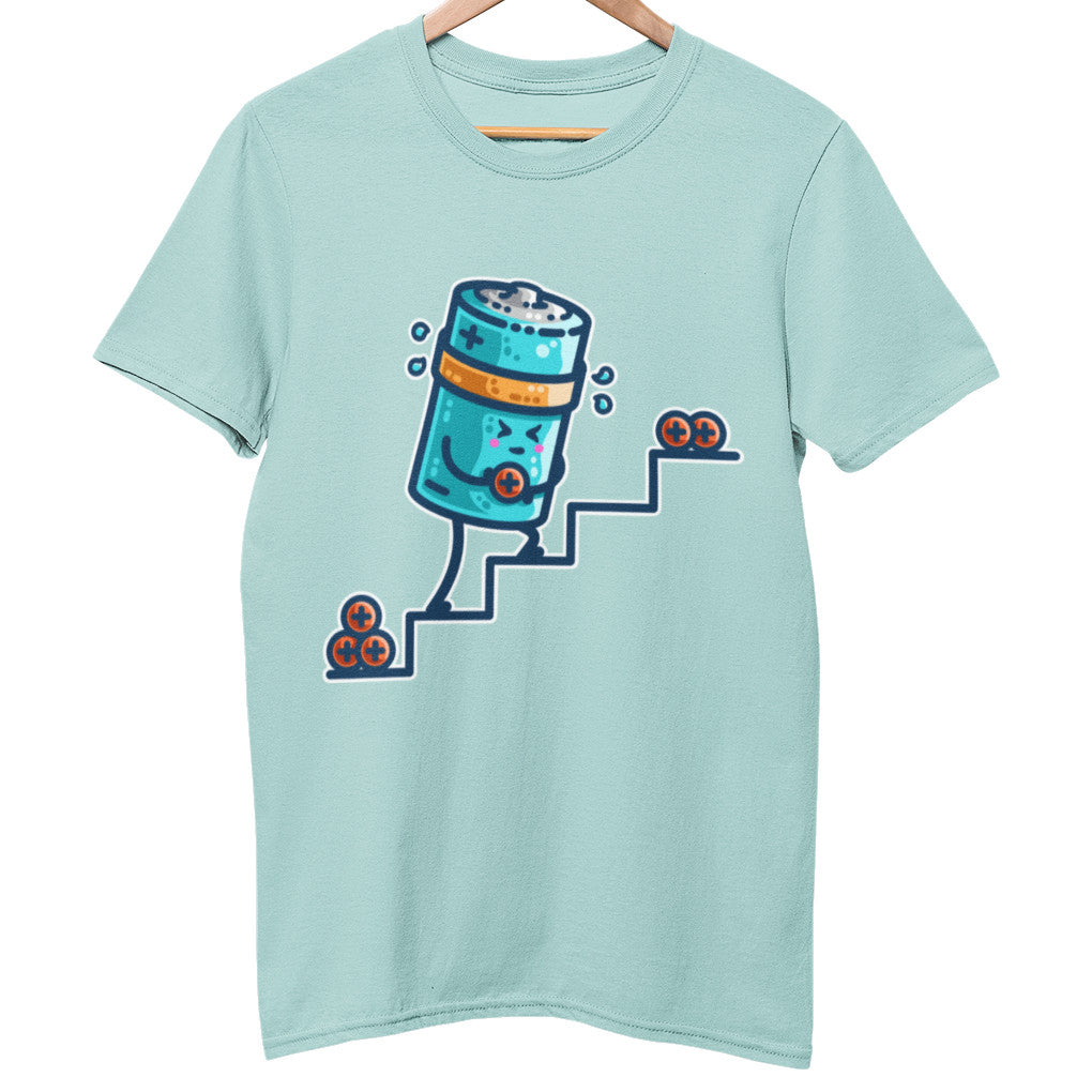 A pale Caribbean Blue colour unisex crewneck t-shirt on a hanger with a design on its chest of a kawaii cute blue cylindrical battery wearing an orange sweatband, with a facial expression of effort, moving positive charge up steps.
