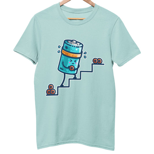 A pale Caribbean Blue colour unisex crewneck t-shirt on a hanger with a design on its chest of a kawaii cute blue cylindrical battery wearing an orange sweatband, with a facial expression of effort, moving positive charge up steps.