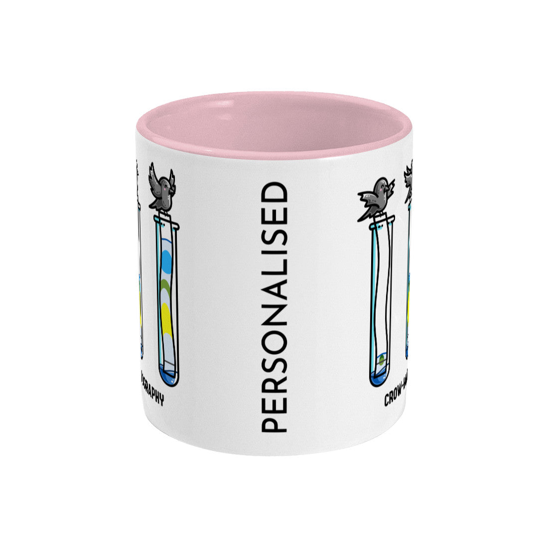 A two toned white and pink ceramic mug seen side on with the handle hidden behind and a portion of the design visible at each edge of the mug with the word personalised vertically between.