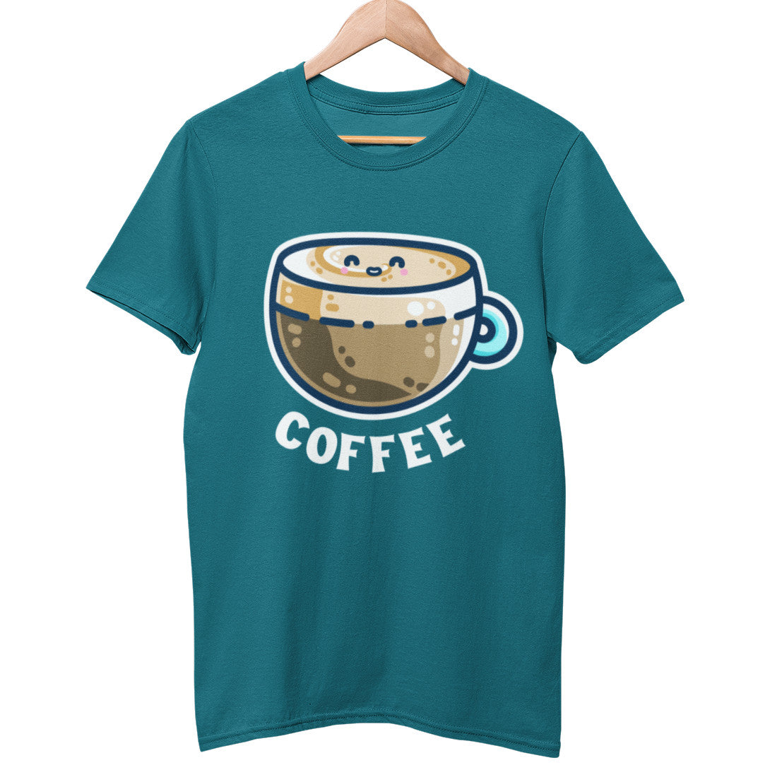 An ocean depth coloured unisex crewneck t-shirt on a wooden hanger. The design on the chest is of a glass cup filled with a kawaii cute happy lattee coffe, with the word coffee beneath in capital letters