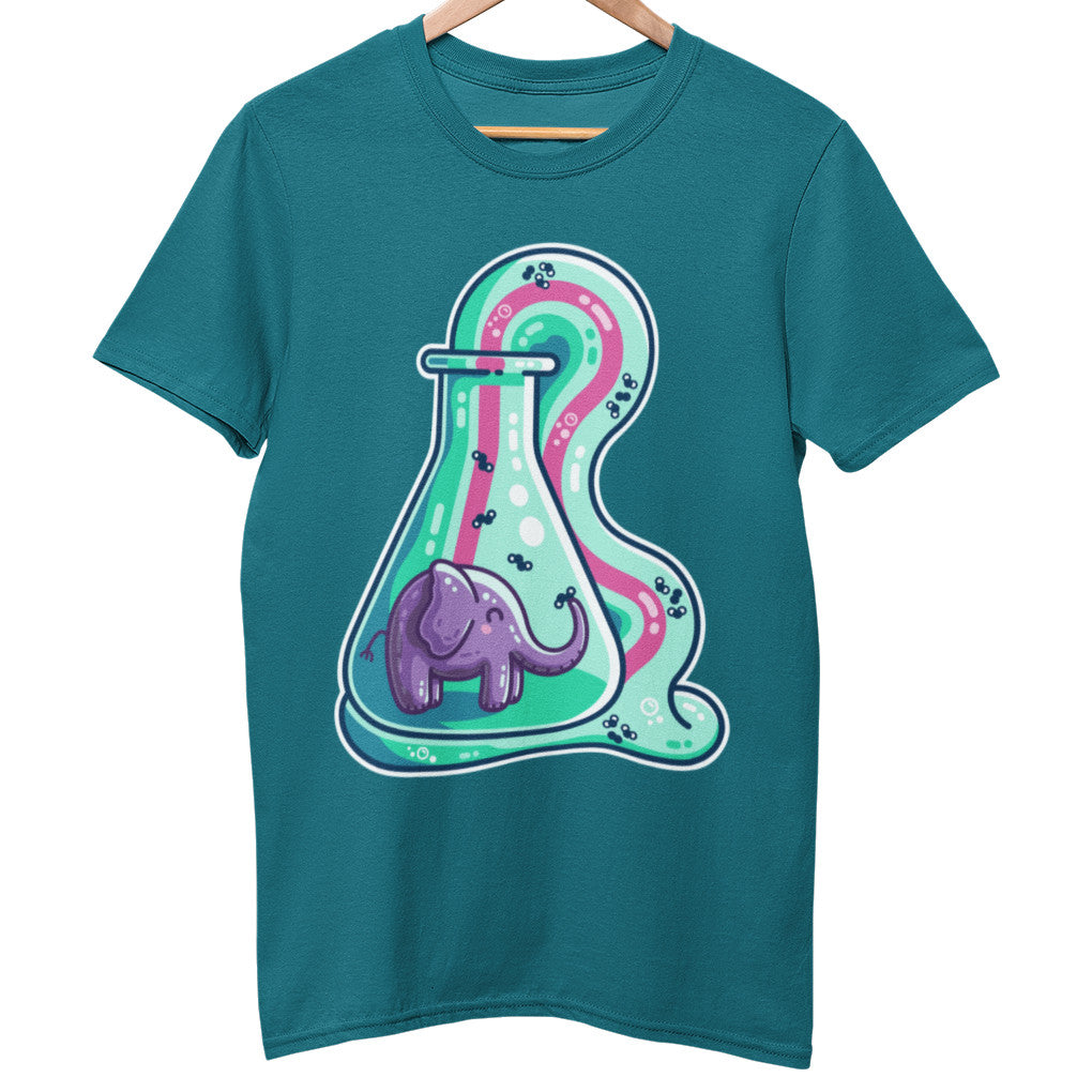 A ocean depth coloured t-shirt, which is a purple-ish colour, on a wooden hanger, with a large print of the elephant toothpaste design on the front chest area.