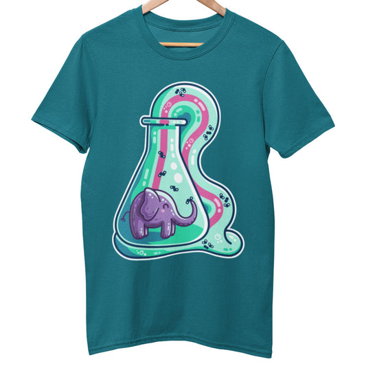 A ocean depth coloured t-shirt, which is a purple-ish colour, on a wooden hanger, with a large print of the elephant toothpaste design on the front chest area.