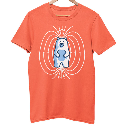 A fiesta orange unisex t-shirt on a wooden hanger with a design on the chest of a cute polar bear standing upright with white magnetic field lines surrounding it