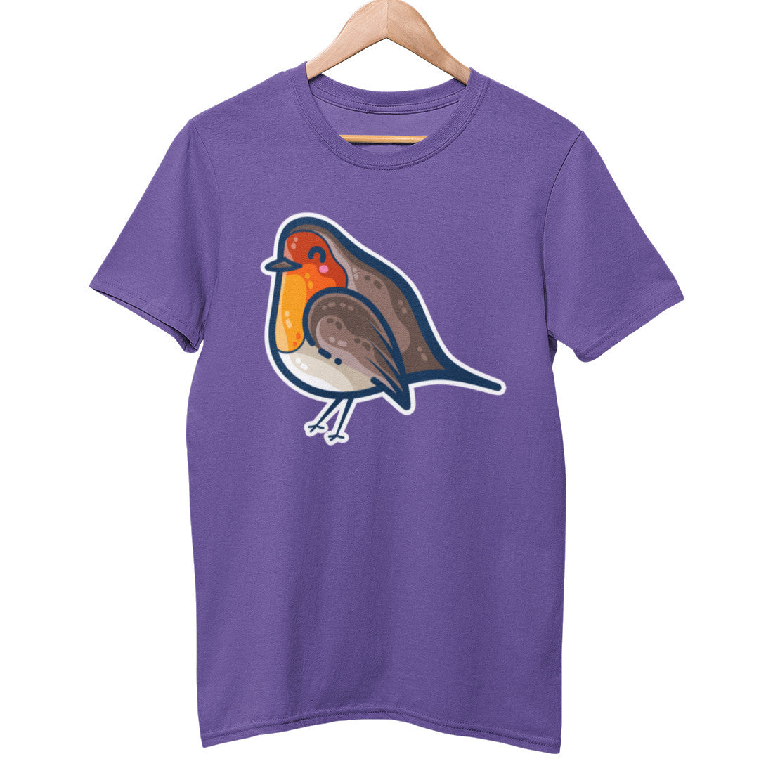 A purple unisex crewneck t-shirt on a hanger with a design on its chest of a kawaii cute robin bird with a red breast, bordered with a white line around the whole bird