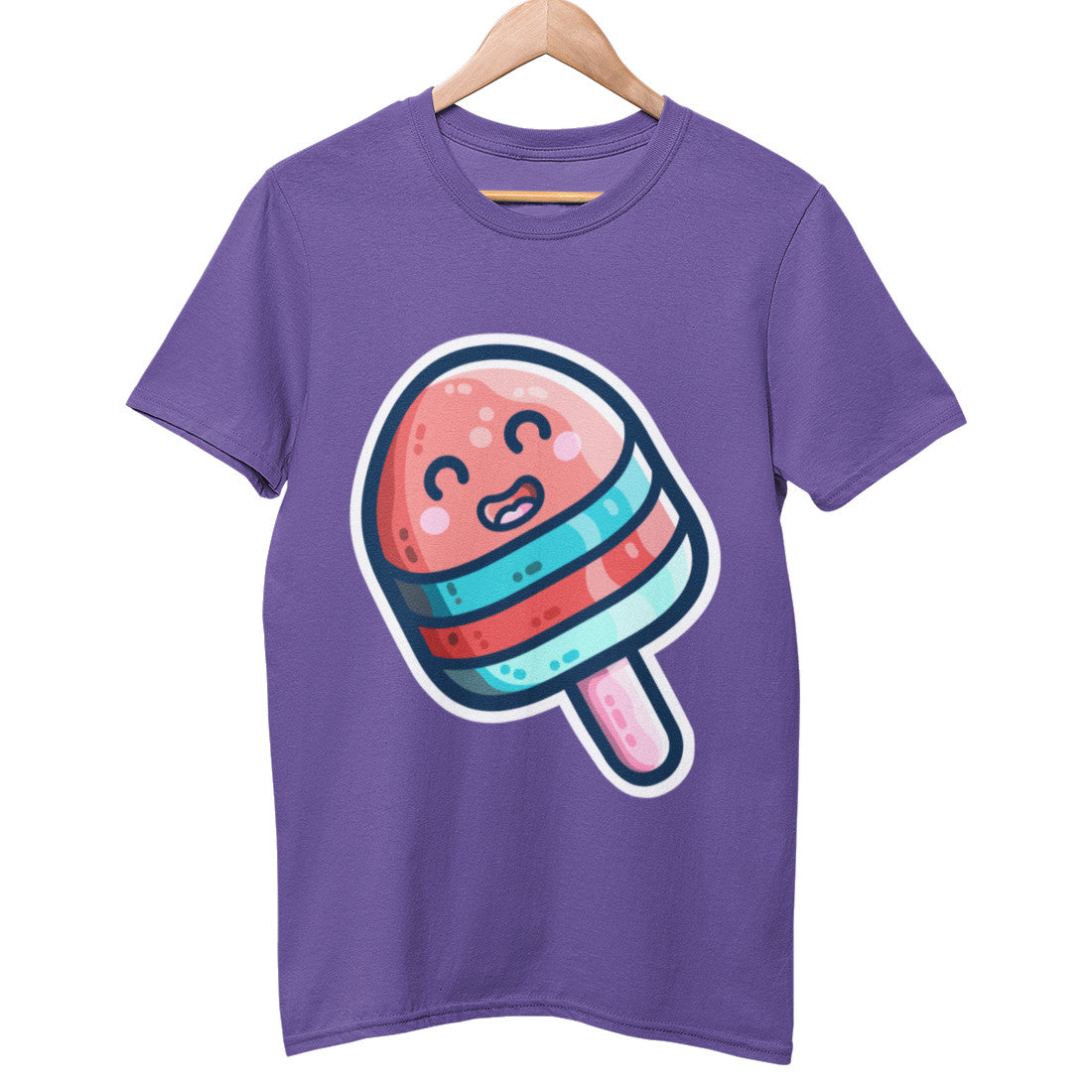 A purple unisex crewneck t-shirt on a wooden hanger with a design on its chest of a red and blue striped kawaii cute happy ice lolly on a pink wooden stick. The design is angled diagonally across the chest of the t-shirt.