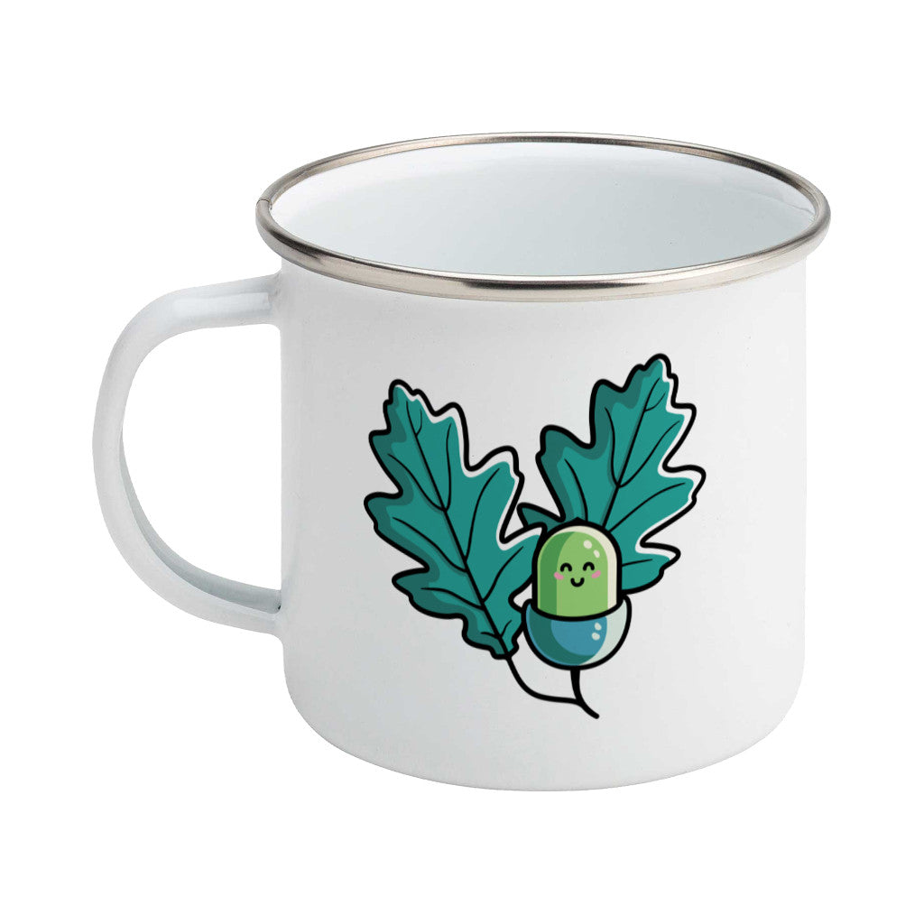 Cute acorn and oak leaves design on a silver rimmed white enamel mug, showing LHS