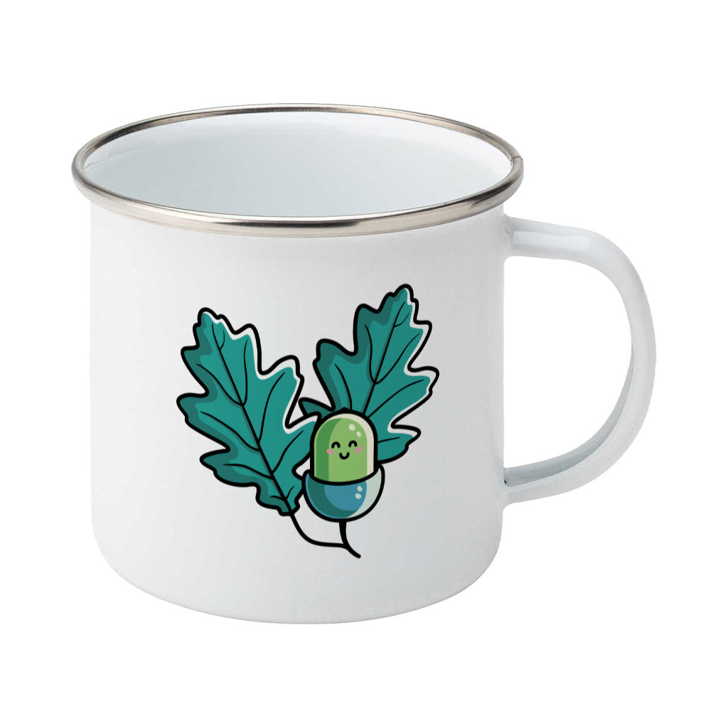 Cute acorn and oak leaves design on a silver rimmed white enamel mug, showing RHS