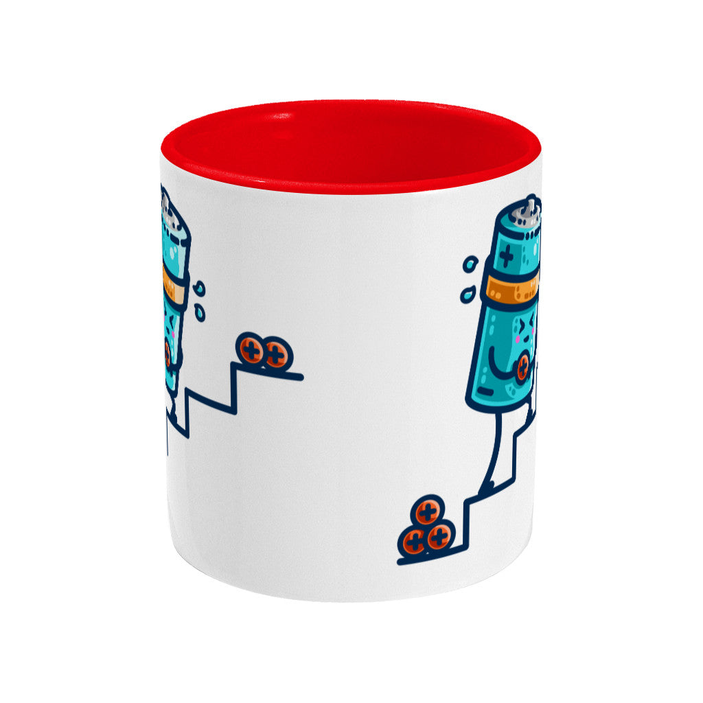A two-toned red and white ceramic mug with a view from the side and the edges of the design visible from the front and back.