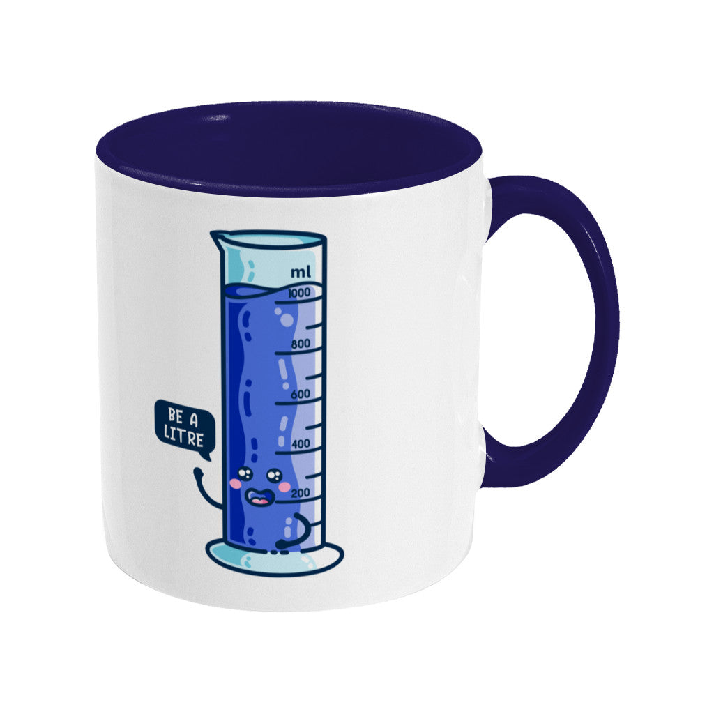 White and navy coloured ceramic mug with handle to the right and the be a litre graduated cylinder design printed on it