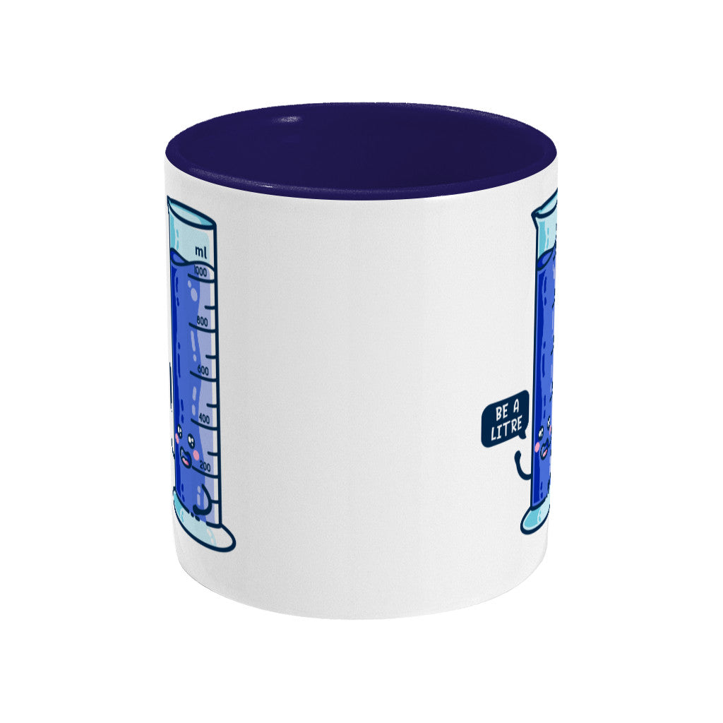 White and navy coloured ceramic mug showing a side view so you can't see the handle and shows a part of the graduated cylinder design showing on the right and left
