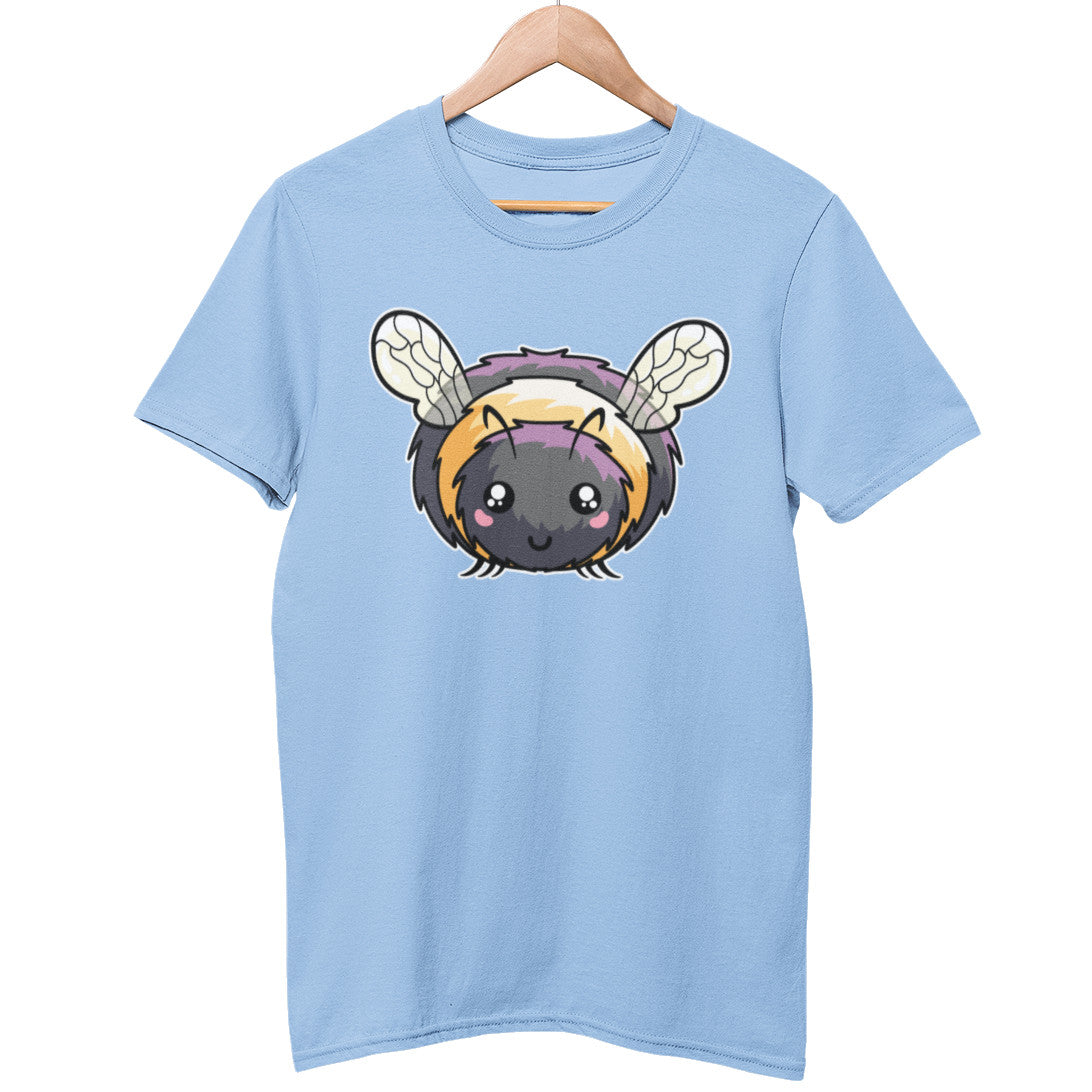 A pale blue unisex crewneck t-shirt on a wooden hanger with a design on its chest of a kawaii cute bee facing forward stright on with a happy smiling face