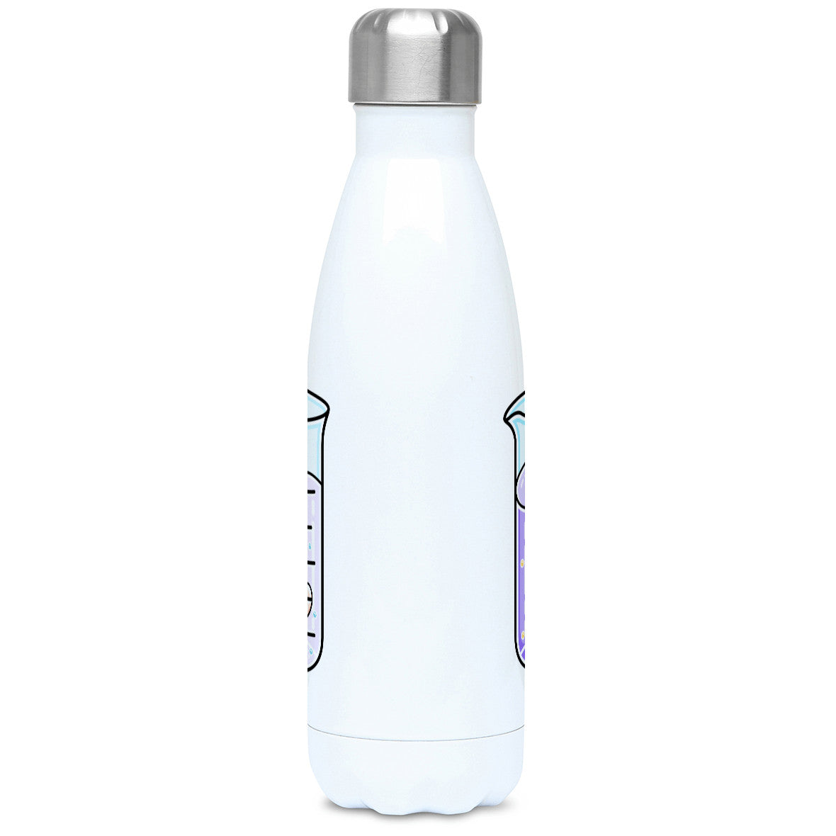 Cute cat joining atoms in a chemistry beaker design on a white metal insulated drinks bottle, side view
