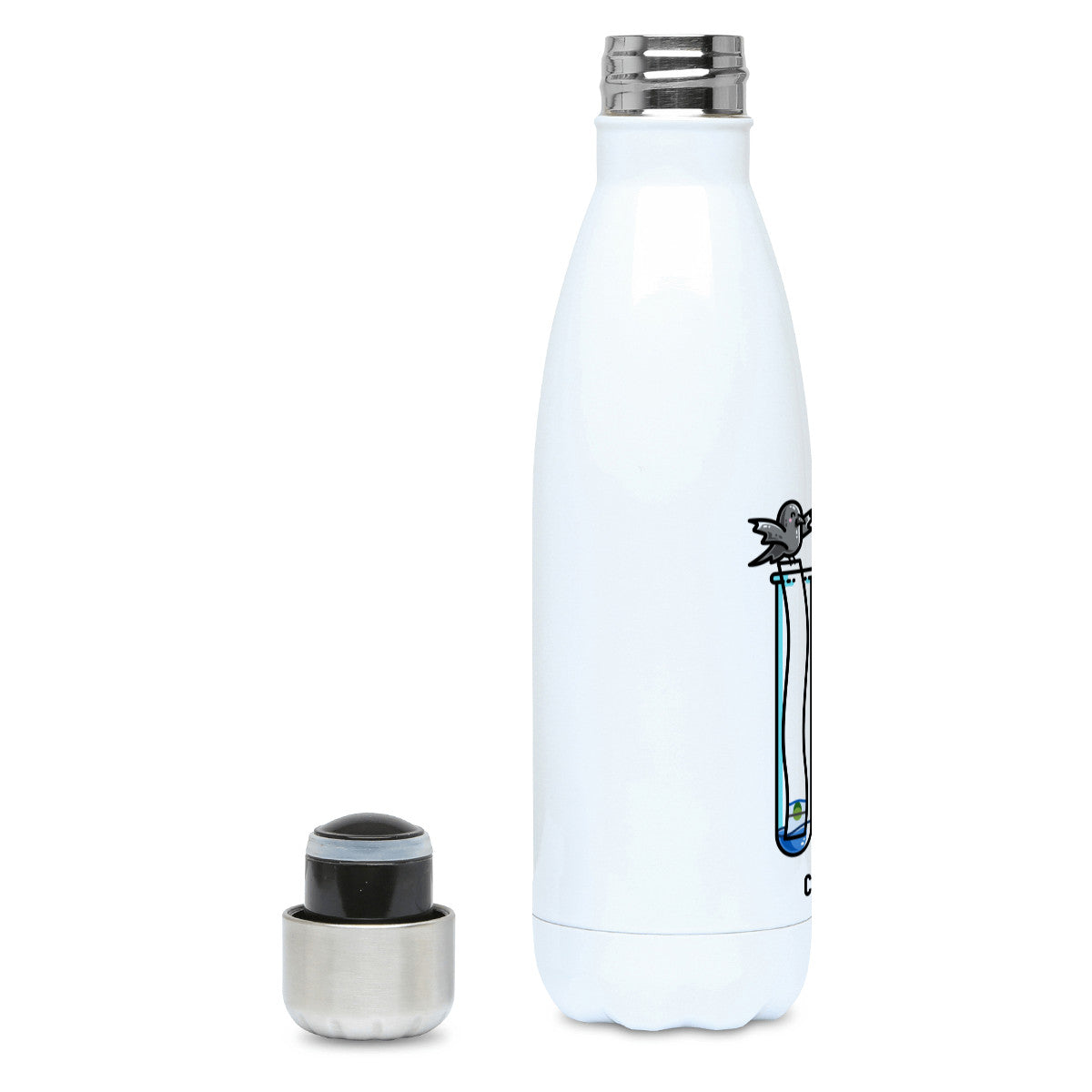 A tall white stainless steel drinks bottle seen side on with its lid off and screw neck visible and the edge of the design showing.