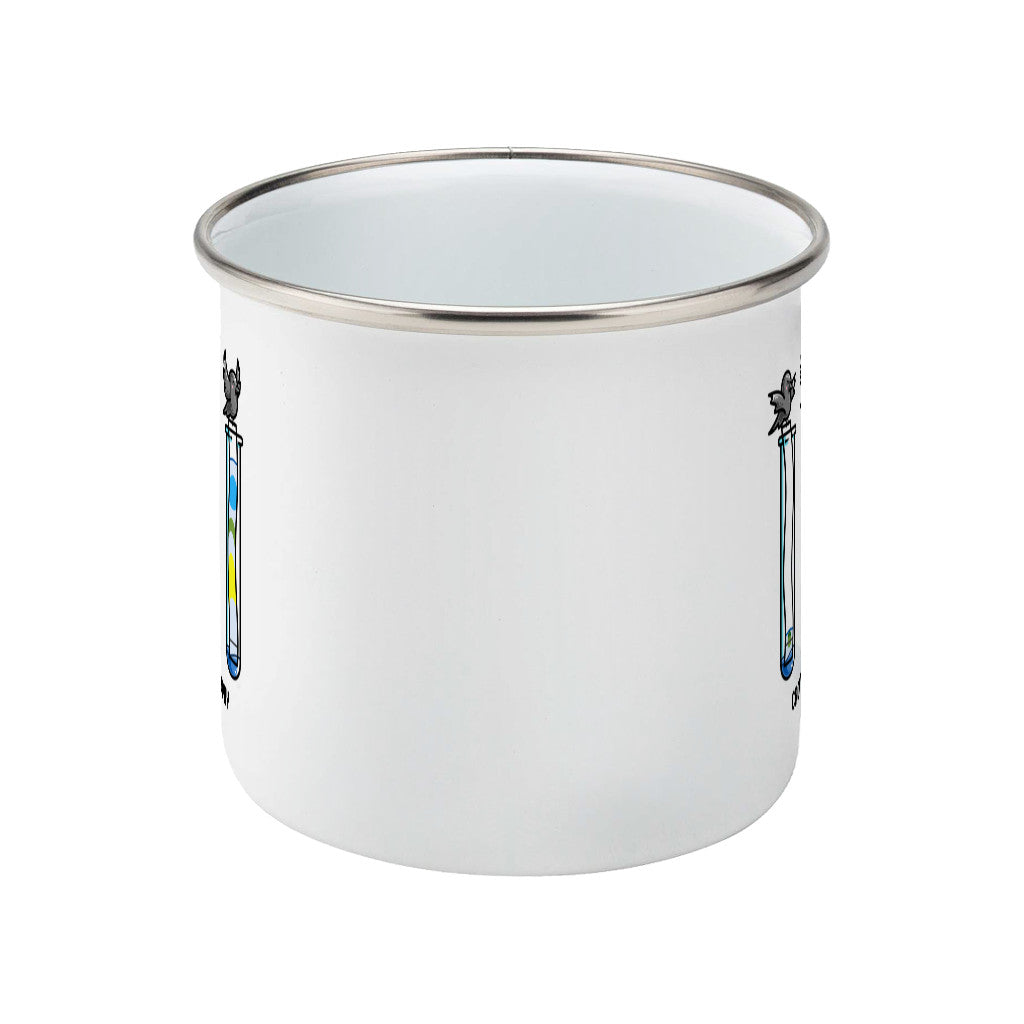 A silver rimmed white enamel mug seen side on with the handle hidden behind and a portion of the design visible at each edge of the mug.