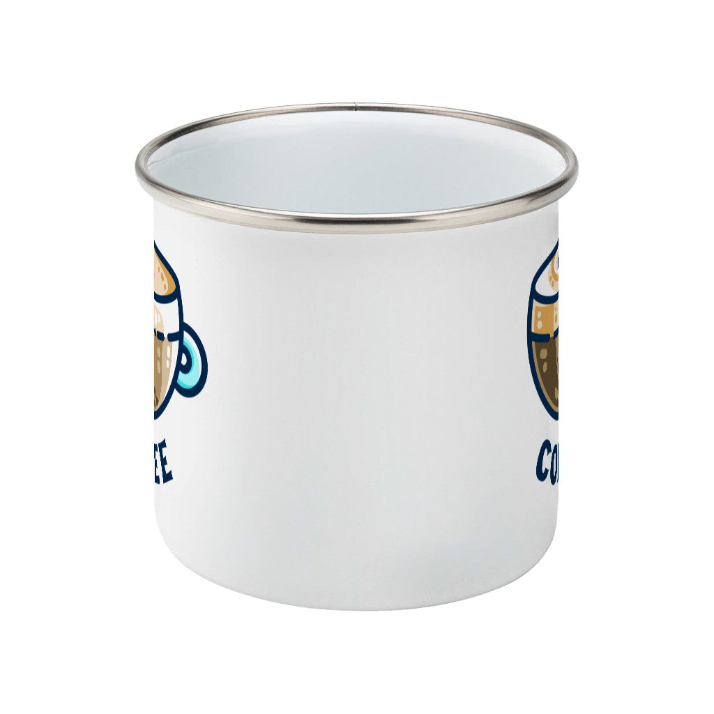A silver rimmed white enamel mug seen side on with the handle hidden behind and a portion of the design visible at each edge of the mug.
