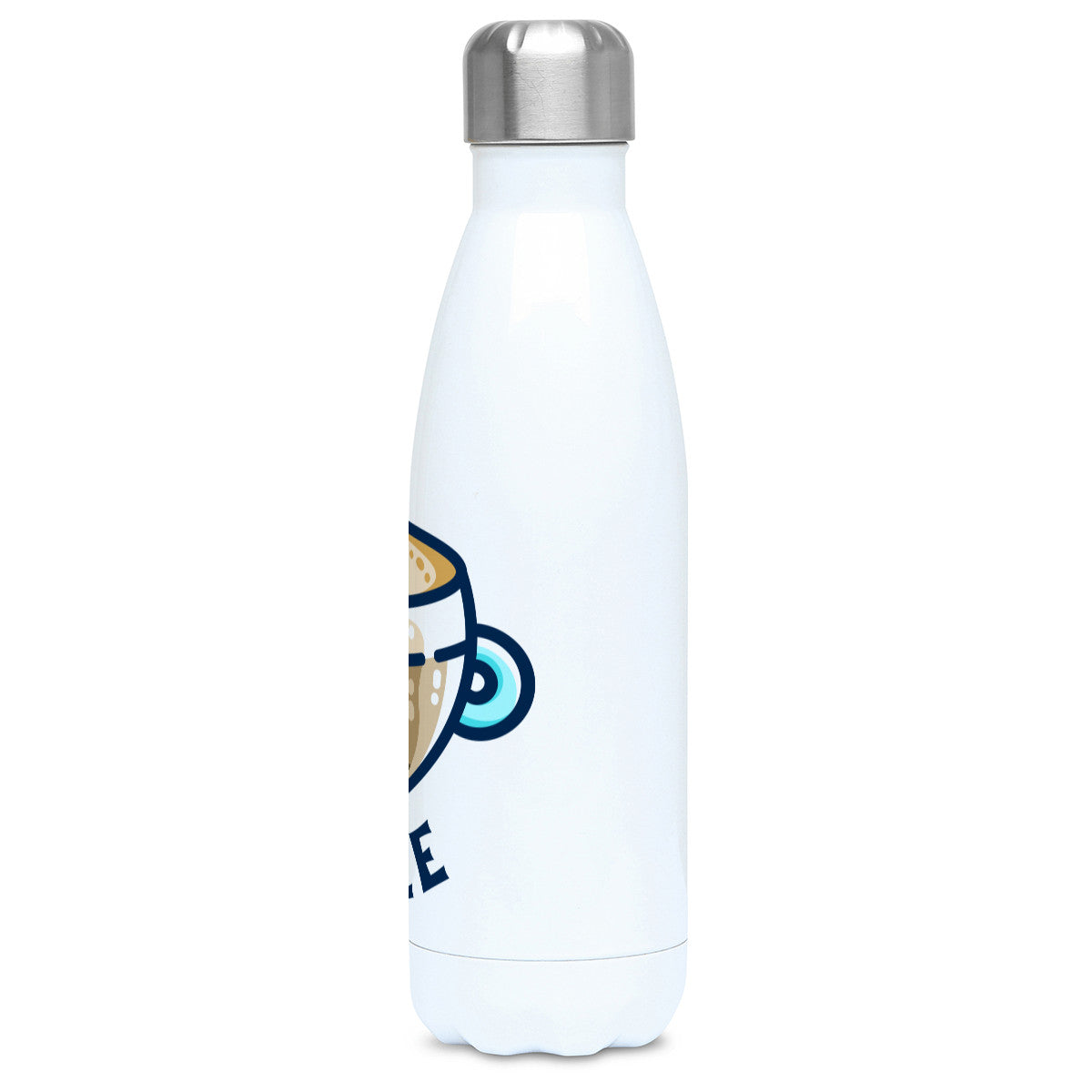 A tall white stainless steel drinks bottle seen side on with its silver lid on and the edge of the design showing.