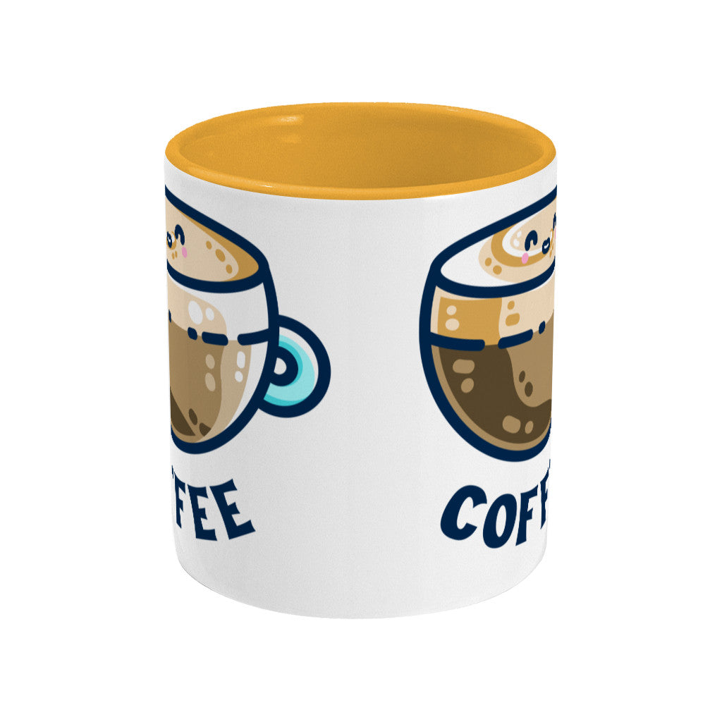A two toned white and yellow ceramic mug seen side on with the handle hidden behind and a portion of the design visible at each edge of the mug.