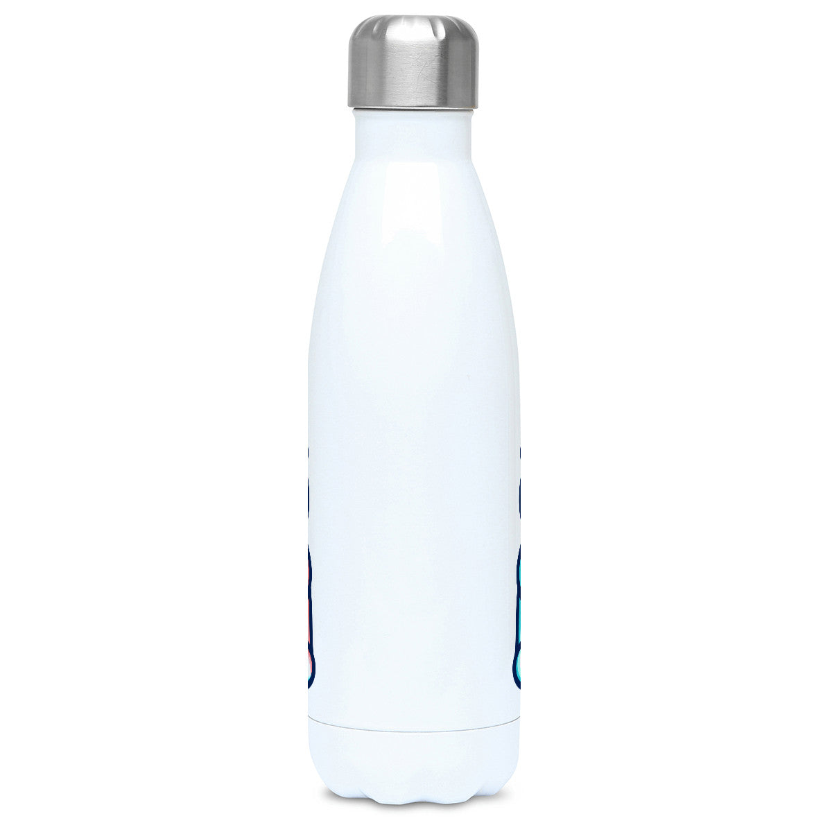 A white stainless steel drink bottle with the name Alex above a cute polar bear sitting holding a pink heart in its paws - side view with lid on