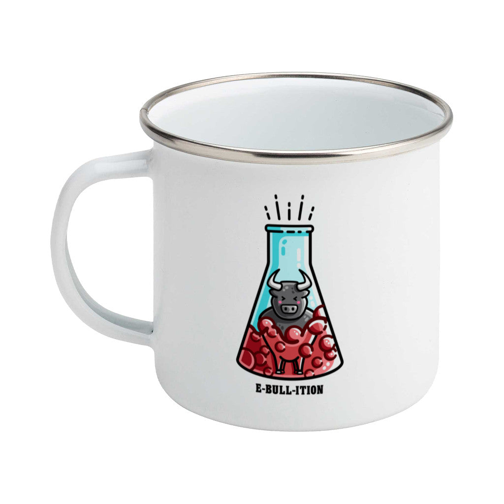 A silver rimmed white enamel mug with the handle to the left and a design of a cute bull in a boiling flask of red liquid