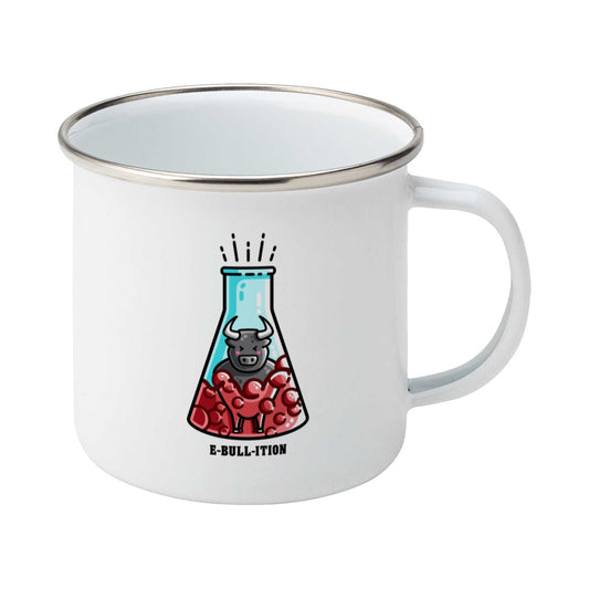 A silver rimmed white enamel mug with the handle to the right and a design of a cute bull in a boiling flask of red liquid