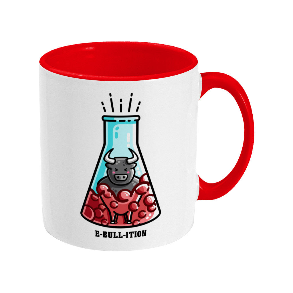A two toned white and red ceramic mug with the handle to the right, featuring a design of a kawaii cute bull in a boiling flask of red liquid.