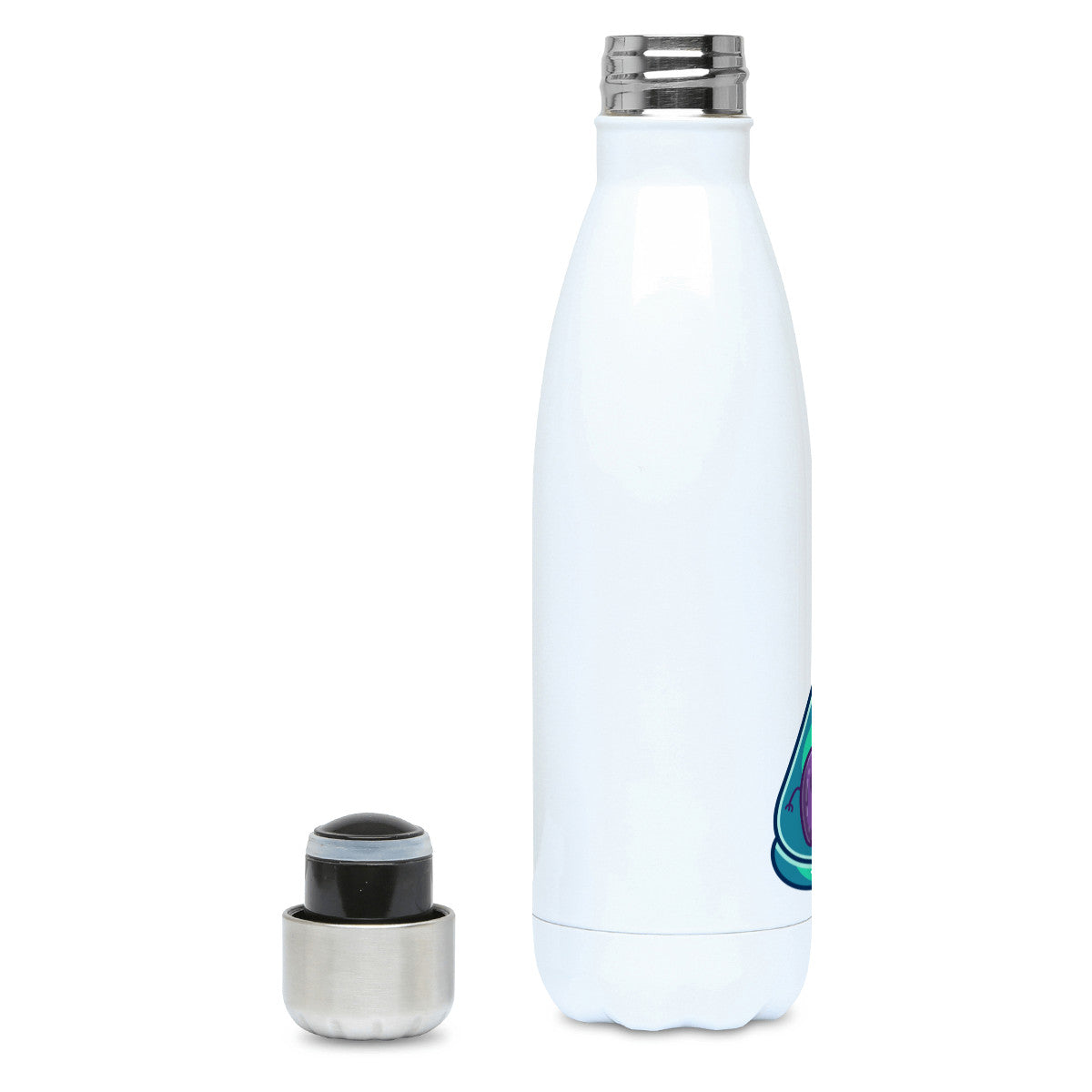 A tall white stainless steel drinks bottle seen side on with its lid off and screw neck visible and the edge of the design showing.