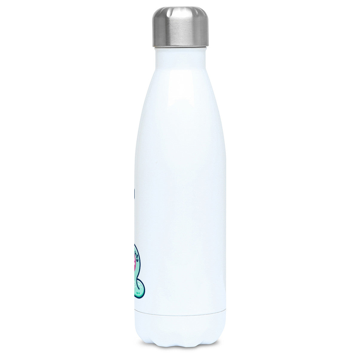 A tall white stainless steel drinks bottle seen side on with its silver lid on and the edge of the design showing.