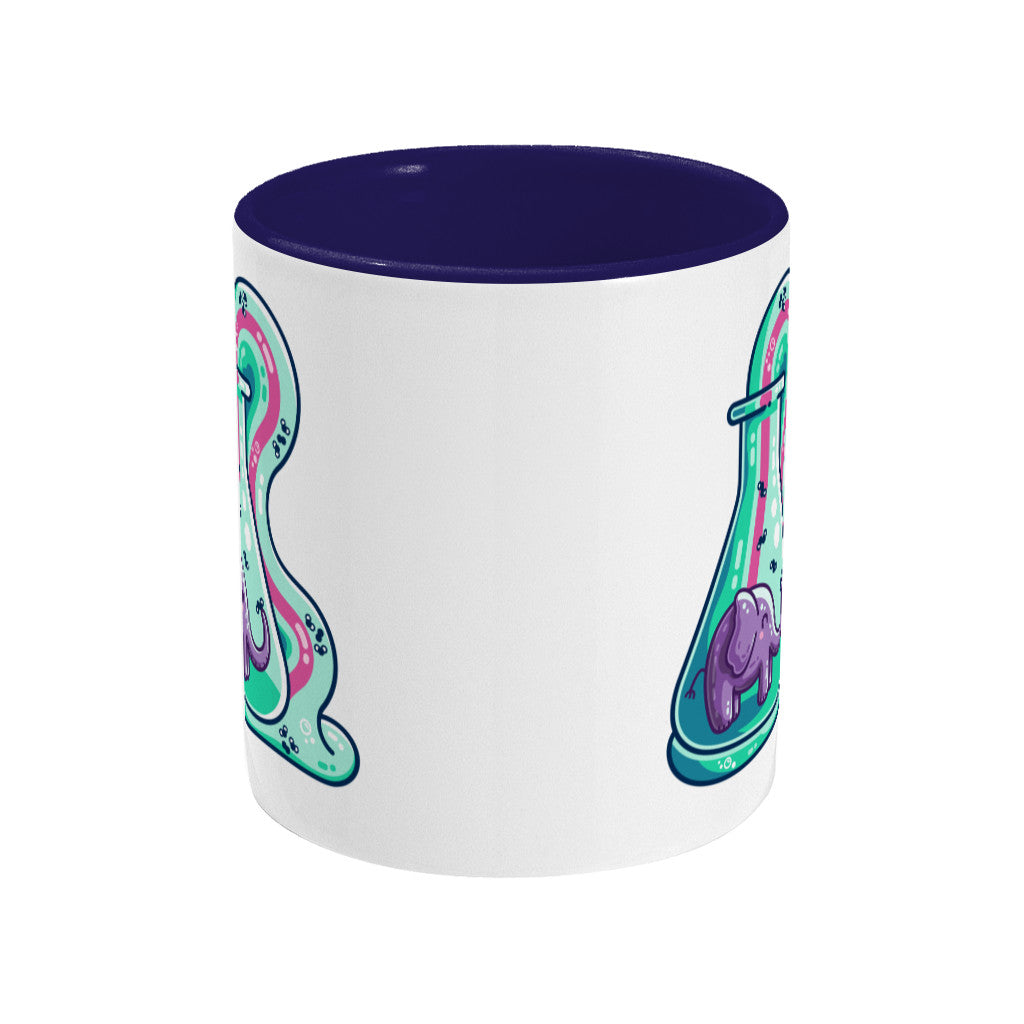 A two toned white and dark blue ceramic mug seen side on with the handle hidden behind and a portion of the design visible at each edge of the mug.