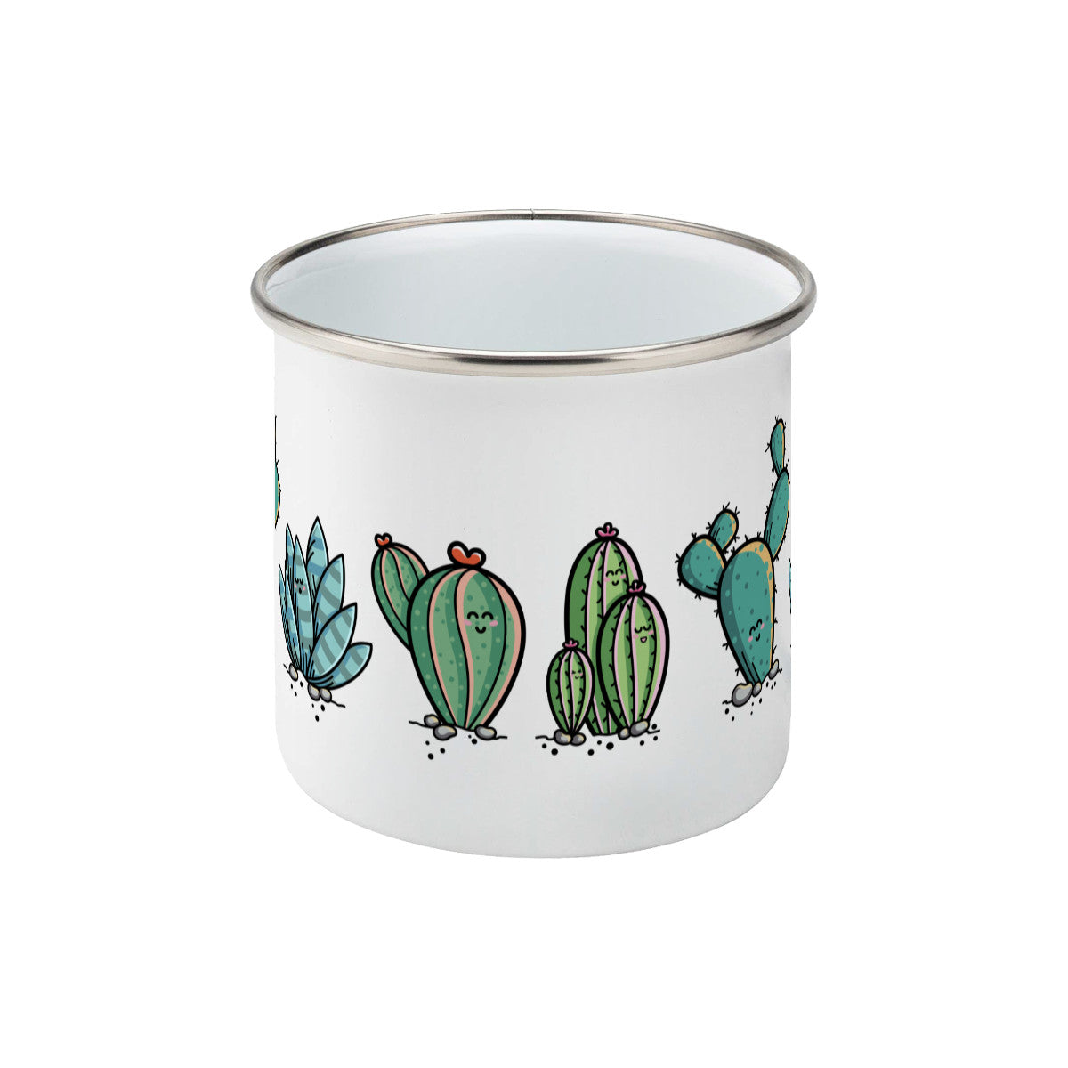 Four kawaii cute cactus plants design on a silver rimmed white enamel mug, side view