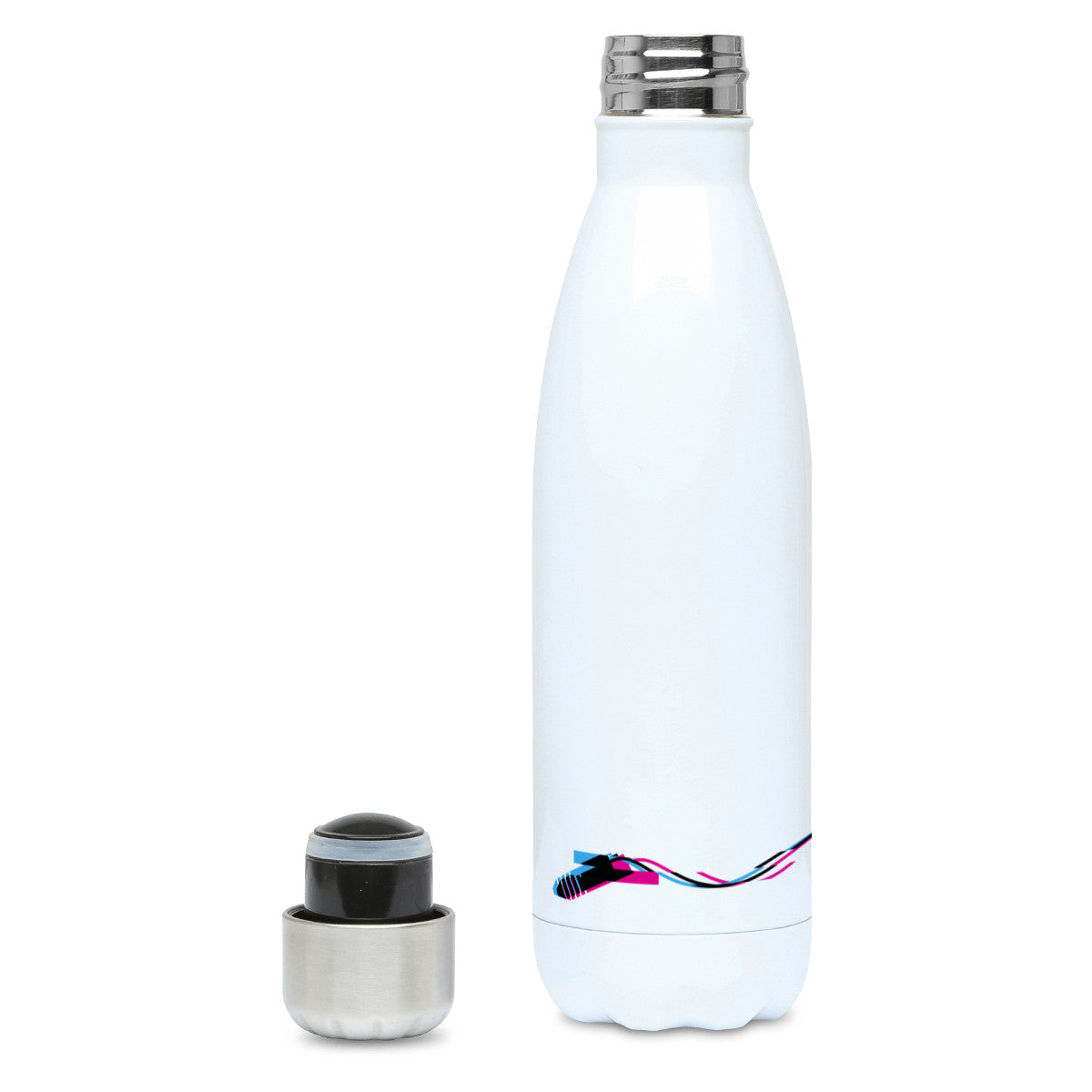 Headphones glitch art design on a white metal insulated drinks bottle, lid off