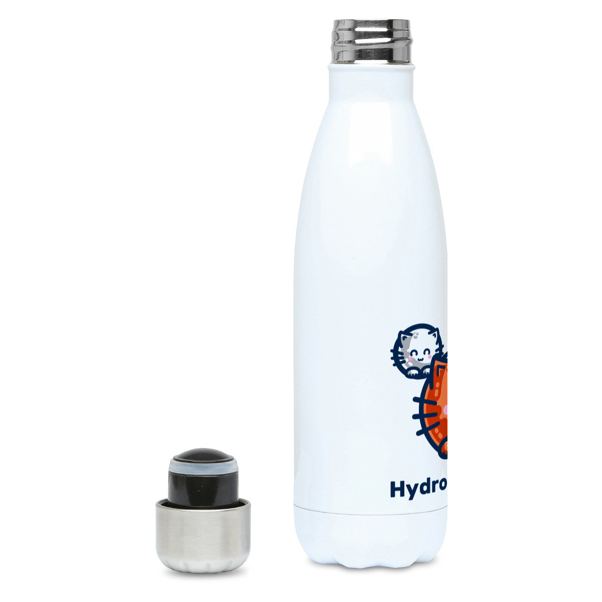 A tall white stainless steel drinks bottle seen side on with its lid off and screw neck visible and the edge of the design showing