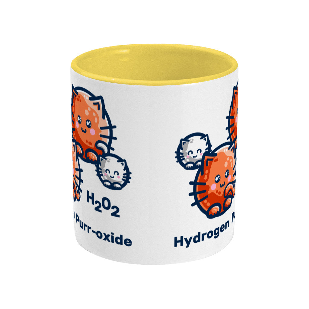 A two toned white and yellow ceramic mug seen side on with the handle hidden behind and a portion of the design visible at each edge of the mug