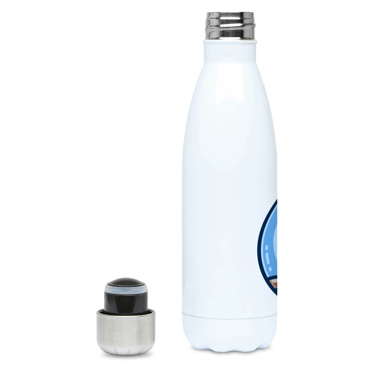 A tall white stainless steel drinks bottle seen side on with its lid off and screw neck visible and the edge of the design showing.