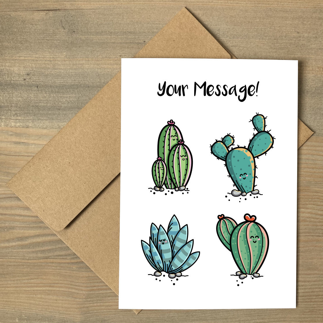 A brown envelope beneath a white greeting card that features four kawaii cute cactus plants with a personalised message above.