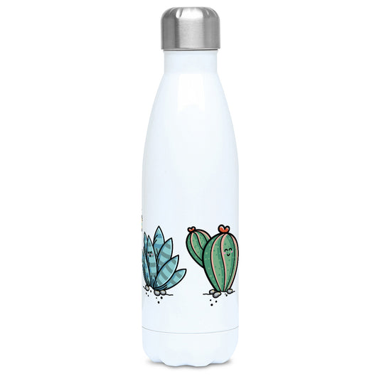 Four kawaii cute cactus plants design on a white metal insulated drinks bottle, lid on