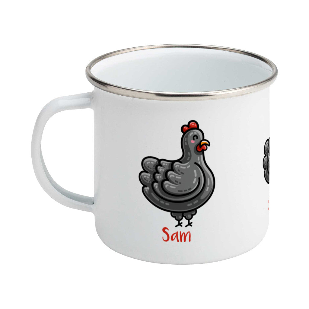 Personalised kawaii cute black chicken design on a silver rimmed white enamel mug, showing RHS