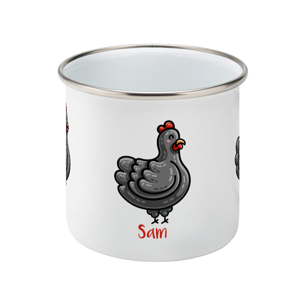 Personalised kawaii cute black chicken design on a silver rimmed white enamel mug, side view