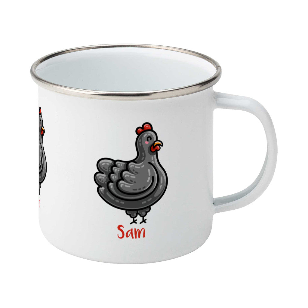 Personalised kawaii cute black chicken design on a silver rimmed white enamel mug, showing RHS