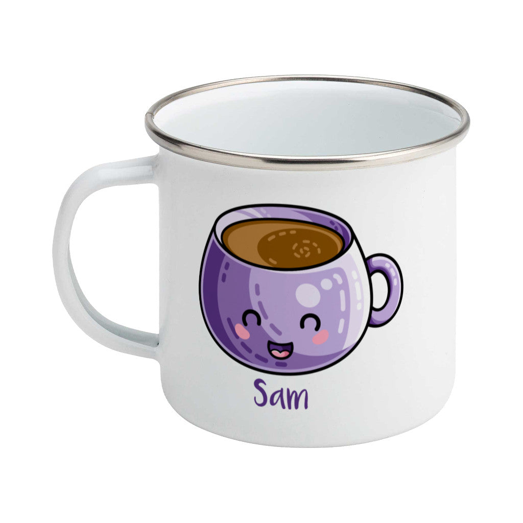 Personalised kawaii cute design of a purple coffee mug on a silver rimmed white enamel mug, showing LHS
